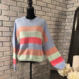 Blue and Pink Crew Neck Sweater with Striped Design